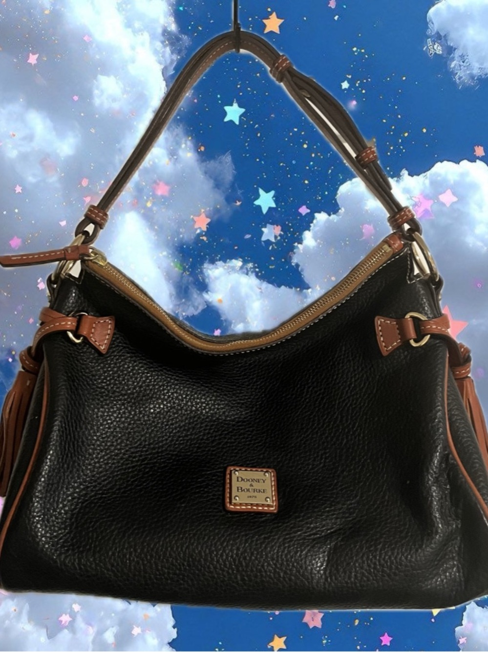 Dooney & Bourke Black Pebbled Leather Shoulder Bag with Brown Trim